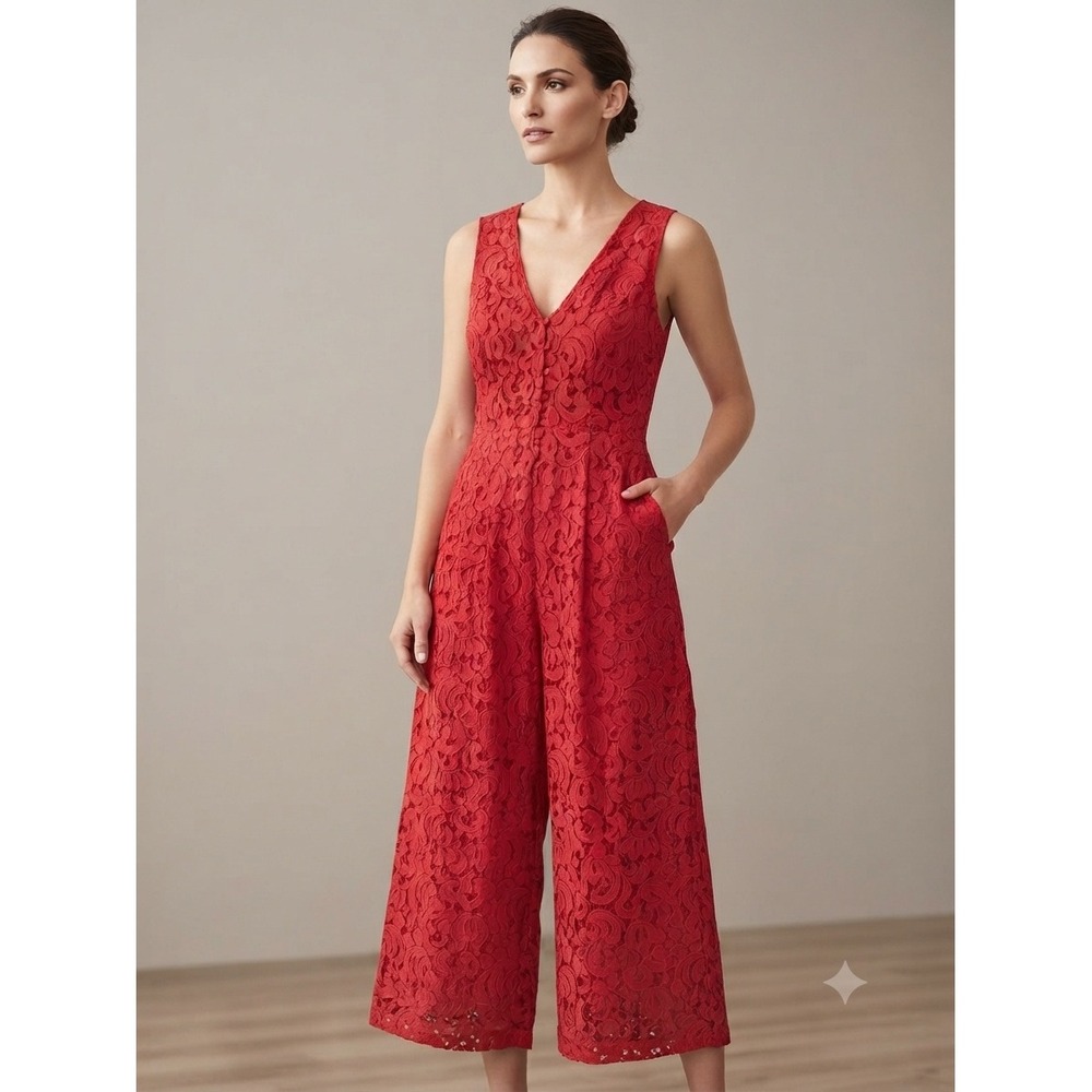Moulinette Soeurs Anthropologie Red Lace Wide Leg Jumpsuit Size 6 V-Neck